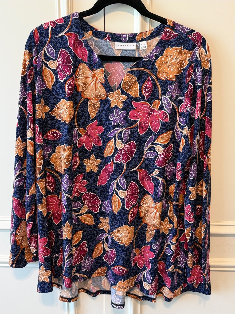 Susan Graver Navy Long-Sleeve Floral Top with Pink & Gold Accents